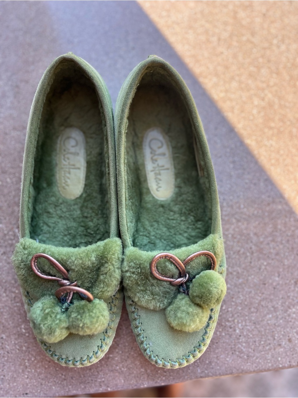 Cole Haan Olive Green Shearling Pom Moccasins